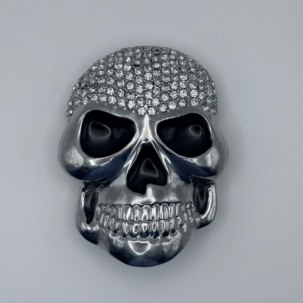 Vtg RT Rhinestone Encrusted Silver Skull Belt Buckle - Goth Rocker Punk